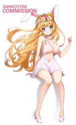 Rule 34 | 1girl, animal ears, ankkoyom, artist name, bad id, bad pixiv id, bare shoulders, blonde hair, blue eyes, breasts, rabbit ears, center opening, choker, cleavage, dress, full body, head wreath, highres, large breasts, long hair, navel, original, short dress, simple background, sitting, smile, solo, white background, white dress