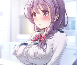 Rule 34 | 1girl, blunt bangs, blurry, blurry background, blush, bow, bowtie, braid, breast pocket, breasts, collared shirt, commentary request, covered erect nipples, hair over shoulder, hair ribbon, highres, indoors, large breasts, long hair, open mouth, original, pocket, purple eyes, purple hair, red neckwear, ribbon, shirt, solo, striped bow, striped bowtie, striped clothes, striped neckwear, uniform, upper body, v-mag, white shirt