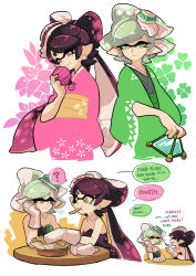 Rule 34 | + +, 2girls, ?, alternate costume, alternate eye color, black hair, burst bomb (splatoon), callie (splatoon), closed eyes, cousins, detached collar, dress, earrings, eating, english text, fangs, floral background, food, food on head, french fries, gloves, gomipomi, green dress, green eyes, grey hair, holding, holding weapon, inkling, japanese clothes, jewelry, kimono, long hair, marie (splatoon), mole, mole under eye, mouth hold, multiple girls, nintendo, object on head, open mouth, pointy ears, purple dress, purple eyes, short hair, sigh, sitting, smile, splat bomb (splatoon), splatoon (series), splatoon 1, spoken question mark, standing, strapless, sweatdrop, table, tentacle hair, very long hair, weapon, white gloves
