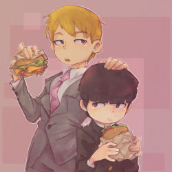 Rule 34 | 2boys, black hair, burger, buttons, eating, food, formal, hand on another&#039;s head, hera souflee, highres, holding, holding food, kageyama shigeo, long sleeves, male focus, mob psycho 100, multiple boys, necktie, open mouth, orange hair, reigen arataka, suit