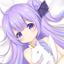 Rule 34 | 1girl, :o, ahoge, azur lane, bed sheet, black ribbon, blush, breasts, hair bun, hair ribbon, looking at viewer, lying, nude, hugging object, on back, one side up, parted lips, purple eyes, purple hair, ribbon, side bun, sidelocks, single hair bun, single side bun, small breasts, solo, stuffed animal, stuffed pegasus, stuffed toy, stuffed unicorn, stuffed winged unicorn, sunameri (pixiv3564245), unicorn (azur lane)