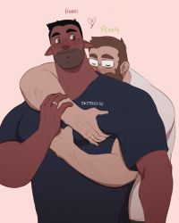 Rule 34 | 2boys, arm hair, bara, beard, blush, brown hair, colored skin, commentary, couple, demon boy, demon horns, english commentary, facial hair, glasses, horns, hug, hug from behind, husband and husband, interspecies, jewelry, large pectorals, male focus, married, mature male, multiple boys, muscular, muscular male, original, pectorals, red skin, ring, shirt, short hair, skitsoepic, smile, upper body, wedding ring, yaoi