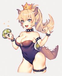 Rule 34 | 1girl, arched back, black leotard, black nails, blonde hair, blue eyes, blush, bowsette, bracelet, breasts, brooch, cleavage, collar, commentary, covered navel, cowboy shot, earrings, english commentary, fingernails, from side, hair between eyes, hand in own hair, hand up, hip focus, horns, impossible clothes, impossible leotard, jewelry, leotard, long hair, looking at viewer, mario (series), medium breasts, nail polish, navel, new super mario bros. u deluxe, nintendo, open mouth, pointy ears, ponytail, satchely, sharp fingernails, shiny clothes, shiny skin, short hair, simple background, smile, solo, sparkle, spiked bracelet, spiked collar, spiked shell, spiked tail, spikes, squeezing, strapless, strapless leotard, super crown, tail, thigh strap, thighs, white background