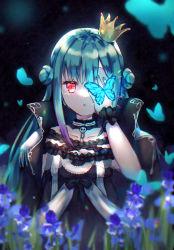 Rule 34 | 1girl, absurdres, bug, butterfly, choker, crown, dress, flower, highres, hololive, insect, looking at viewer, outdoors, red eyes, solo, uruha rushia, uruha rushia (3rd costume), user xvfn2244, virtual youtuber