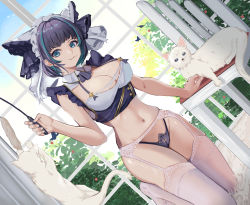 Rule 34 | 1girl, :d, aqua eyes, aqua hair, azur lane, black hair, black panties, breasts, cat, cat teaser, cheshire (azur lane), cleavage, day, dutch angle, fang, garter belt, hair ornament, highres, indoors, kneeling, large breasts, looking at viewer, multicolored hair, navel, nnn (nonightnomad), open mouth, panties, paw print, skin fang, slit pupils, smile, solo, streaked hair, thighhighs, underwear, white thighhighs, window