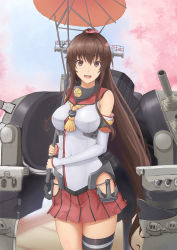 Rule 34 | 10s, 1girl, anchor, black thighhighs, blue sky, breasts, brown eyes, brown hair, cannon, cherry blossoms, cowboy shot, day, elbow gloves, female focus, flower, gloves, hair flower, hair ornament, headgear, holding, kantai collection, large breasts, leo thasario, long hair, looking at viewer, mecha musume, miniskirt, oil-paper umbrella, open mouth, outdoors, ponytail, red skirt, single thighhigh, skirt, sky, smile, solo, thighhighs, turret, umbrella, very long hair, white gloves, yamato (kancolle)