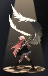 Rule 34 | 1girl, absurdres, angel wings, black background, black shirt, black socks, bocchi the rock!, brown footwear, checkered floor, commentary request, cube hair ornament, dododo, electric guitar, feathered wings, gibson les paul, gotoh hitori, grey skirt, guitar, hair ornament, hair over eyes, highres, holding, holding instrument, instrument, knees together feet apart, loafers, long hair, music, one side up, pink hair, playing instrument, pleated skirt, shirt, shoes, simple background, skirt, socks, solo, spotlight, wings