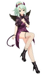 Rule 34 | 1girl, ankle boots, black footwear, black wings, boots, cle masahiro, demon horns, demon tail, fake horns, fake tail, fake wings, fishnet thighhighs, fishnets, full body, green eyes, high heel boots, high heels, high ponytail, highres, holiday clemente, horns, long hair, looking at viewer, official art, simple background, smile, solo, tail, thighhighs, valkyrie drive, valkyrie drive -siren-, white background, wings