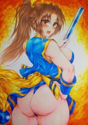 Rule 34 | 1girl, :o, alternate color, ass, bare shoulders, breasts, brown eyes, brown hair, cleavage, fatal fury, female focus, from behind, hand fan, hand on own hip, highres, holding, holding fan, large breasts, long hair, matching hair/eyes, nenju anarogu ninjen, ninja, open mouth, ponytail, shiranui mai, sleeveless, solo, the king of fighters, thong