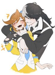 Rule 34 | 1boy, 1girl, ace attorney, athena cykes, black gloves, black hair, black jacket, black necktie, blue necktie, blush, closed eyes, collared shirt, crescent, crescent earrings, earrings, gloves, haori, highres, hug, jacket, japanese clothes, jewelry, long hair, long sleeves, necktie, open mouth, orange hair, partially fingerless gloves, phoenix wright: ace attorney - dual destinies, ponytail, salted whale, shirt, simon blackquill, simple background, single earring, single glove, skirt, smile, tearing up, white background, white hair, white shirt, yellow jacket, yellow skirt