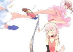 Rule 34 | 1boy, 3girls, puff of air, = =, arm up, ass, blazer, blonde hair, blue footwear, blush, breasts, brown eyes, brown hair, brown pants, cameltoe, camisole, cevio, closed mouth, collar, collared shirt, commentary request, dodging, dress, elbow gloves, flying kick, gloves, gradient background, green background, grey shirt, hair flaps, hand up, headpat, high heels, jacket, kicking, large breasts, low ponytail, midair, motion blur, motion lines, multiple girls, o o, one (cevio), open clothes, open jacket, orange camisole, panties, pants, pantyshot, petenshi (dr. vermilion), pink dress, pink footwear, pink panties, puffy short sleeves, puffy sleeves, satou sasara, shaded face, shirt, short shorts, short sleeves, shorts, side ponytail, single elbow glove, sleeves rolled up, smile, spaghetti strap, stomach, surprised, suzuki tsudumi, tail, takahashi amato, underwear, upskirt, v-shaped eyebrows, v arms, white background, white jacket, white shirt, white shorts