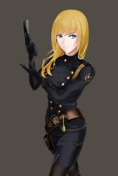 Rule 34 | 1girl, belt, black bodysuit, black gloves, blonde hair, blue eyes, bodysuit, brown belt, character request, closed mouth, fate/strange fake, fate (series), gloves, grey background, gun, highres, holding, holding gun, holding weapon, long hair, looking at viewer, nw 0925, simple background, solo, standing, straight hair, vera levitt (fate/strange fake), weapon