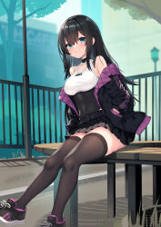 Rule 34 | 1girl, bare shoulders, black footwear, black hair, black jacket, black skirt, blue eyes, blush, breasts, brown thighhighs, closed mouth, commentary request, covered collarbone, covered navel, day, hair between eyes, hands in pockets, highres, jacket, lamppost, long hair, long sleeves, looking at viewer, medium breasts, ochinsama, off shoulder, open clothes, open jacket, original, outdoors, pleated skirt, puffy long sleeves, puffy sleeves, railing, shoes, skirt, smile, solo, thighhighs, tree, very long hair