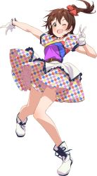 Rule 34 | 1girl, absurdres, artist request, belt, boots, brown hair, checkered clothes, checkered skirt, commentary request, frilled skirt, frills, gloves, hair ornament, hairclip, highres, idolmaster, idolmaster million live!, kasuga mirai, layered skirt, looking at viewer, one eye closed, one side up, open mouth, puffy short sleeves, puffy sleeves, short hair, short sleeves, side ponytail, skirt, solo, white background, white footwear, white gloves, yellow eyes