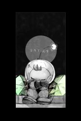 Rule 34 | 1boy, absurdres, alien, big nose, closed eyes, crossed arms, curled up, english text, gem, gloves, green gemstone, greyscale, head on arm, helmet, highres, iat-418, mechanical parts, monochrome, nintendo, olimar, partially colored, pikmin (series), pikmin 1, pointy ears, radio antenna, short hair, sitting, space helmet, spacesuit, very short hair
