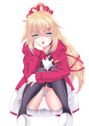 Rule 34 | 1girl, akai haato, akai haato (casual), black thighhighs, blonde hair, blue eyes, chestnut mouth, commentary request, hair between eyes, hair ornament, hair ribbon, hairclip, hasa west, heart, heart hair ornament, hololive, long hair, long sleeves, looking at viewer, open mouth, panties, pantyshot, red ribbon, ribbon, shaded face, simple background, solo, thighhighs, underwear, virtual youtuber, white background, white panties