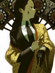 Rule 34 | 1girl, black eyes, black gloves, black hair, black jacket, black necktie, black suit, blood, blood on face, blood on hands, breasts, collared shirt, formal, gloves, gtsleep1200, half-closed eyes, hand fan, highres, jacket, japanese clothes, kimono, long hair, long sleeves, looking to the side, medium breasts, necktie, open clothes, open kimono, original, print kimono, profile, shirt, simple background, single glove, single off shoulder, solo, standing, suit, suit jacket, upper body, white background, white shirt, yellow kimono