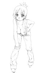 Rule 34 | 1girl, akiyama mio, barefoot, bent over, blush, breasts, downblouse, feet, greyscale, hand on own hip, hanging breasts, k-on!, kesuida, monochrome, naked overalls, nipples, overalls, simple background, solo, toes, white background
