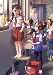 Rule 34 | 3boys, 4girls, a-801, absurdres, armband, barefoot, black hair, black leggings, broom, brown eyes, brown hair, chair, classroom, cleaning, commentary request, desk, glasses, hair bun, hair ornament, hairclip, highres, indoors, jacket, leggings, long hair, looking at another, multiple boys, multiple girls, on chair, open door, open mouth, original, pointing, ponytail, purple eyes, school, school desk, short hair, single hair bun, skirt, standing, standing on chair, track jacket, twintails, window