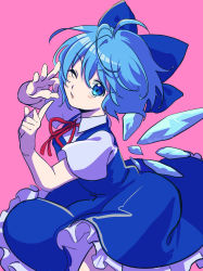 Rule 34 | 1girl, ;o, absurdres, blue bow, blue dress, blue eyes, blue hair, blush, bow, cirno, collared shirt, commentary, cowboy shot, dress, emoriza, frilled dress, frills, hair bow, hand gesture, highres, ice, ice wings, looking at viewer, medium hair, one eye closed, open mouth, pinafore dress, pink background, red ribbon, ribbon, shirt, short sleeves, simple background, sleeveless dress, solo, touhou, white shirt, wings