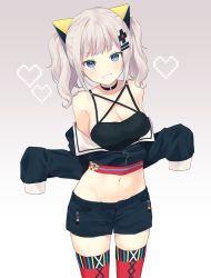 Rule 34 | 1girl, bare shoulders, black choker, black jacket, black shorts, blue eyes, blush, breasts, choker, cleavage, collarbone, commentary request, cowboy shot, crop top, gradient background, grey background, grey hair, grin, groin, hair ornament, hairclip, heart, jacket, kaguya luna, long sleeves, looking at viewer, medium breasts, midriff, navel, off shoulder, open clothes, open jacket, red thighhighs, short shorts, shorts, silltare, sleeves past fingers, sleeves past wrists, smile, solo, standing, the moon studio, thighhighs, twintails, virtual youtuber, white background