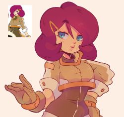 Rule 34 | 1girl, black jumpsuit, blue eyes, blush, breasts, brown gloves, brown jacket, closed mouth, cropped jacket, female focus, gloves, hair ornament, hairclip, half-closed eyes, hand on own hip, hand up, happy, highres, jacket, jumpsuit, light blush, lips, looking at viewer, official art inset, pink-haired girl (sonic), pink hair, short hair, short jumpsuit, simple background, small breasts, smile, solo, sonic (series), stellarspin, upper body, white background