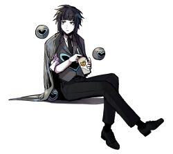 Rule 34 | 1boy, black footwear, black hair, black necktie, black pants, chinese commentary, closed mouth, coat, coat on shoulders, collared shirt, commentary request, drink, e.g.o (project moon), employee (project moon), green eyes, grey coat, grey vest, lobotomy corporation, male focus, necktie, pale skin, pants, project moon, sanpaku, shirt, short hair, simple background, sitting, sleeves rolled up, smoke (killscreen s), solo, vest, white background, white shirt
