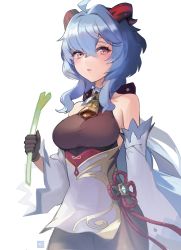 Rule 34 | 160mp, 1girl, absurdres, ahoge, bare shoulders, bell, blue hair, blush, bodystocking, breasts, collarbone, cowbell, cowboy shot, detached sleeves, fang, flower knot, food, ganyu (genshin impact), genshin impact, hair between eyes, highres, holding, holding food, holding spring onion, holding vegetable, horns, long hair, long sleeves, looking at viewer, medium breasts, parted lips, pink eyes, red ribbon, ribbon, skin fang, solo, spring onion, vegetable, very long hair, wide sleeves