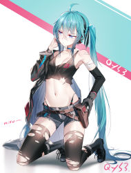 Rule 34 | 1girl, ahoge, aqua eyes, aqua hair, arm warmers, armpits, artist name, bandaged arm, bandages, bandaid, bandaid on shoulder, bare shoulders, belt, belt pouch, black footwear, black gloves, black jacket, black panties, black shirt, black shorts, black sleeves, black thighhighs, blue eyes, blue jacket, boots, breasts, brown gloves, character name, choker, cleavage, closed mouth, commentary request, crop top, cross-laced footwear, detached sleeves, full body, gloves, green background, grey gloves, hair between eyes, hatsune miku, headphones, highleg, highleg panties, highres, holstered, jacket, kneeling, lace-up boots, long hair, long sleeves, looking away, medium breasts, midriff, navel, panties, pouch, qys3, red background, shirt, shoes, short shorts, shorts, single glove, skindentation, sleeveless, sleeveless shirt, small breasts, sneakers, solo, stomach, thighhighs, torn clothes, torn shirt, torn thighhighs, twintails, underwear, very long hair, vocaloid, white background