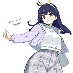 Rule 34 | 1girl, absurdres, ahoge, bigkwl, black hair, brown eyes, cone horns, dated, fake horns, hair ornament, hairclip, highres, horns, jacket, kantai collection, long hair, looking at viewer, official alternate costume, one-hour drawing challenge, plaid, plaid skirt, purple skirt, shirt, simple background, skirt, solo, twitter username, ushio (kancolle), ushio kai ni (kancolle), white background, white jacket, white shirt