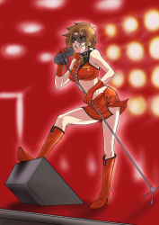 Rule 34 | 1girl, boots, breasts, brown eyes, brown hair, cigarette, collar, female focus, full body, gloves, goggles, hirabaru kenji, hirahara kenji, meiko (vocaloid), microphone, microphone stand, midriff, skirt, smile, smoking, solo, vocaloid