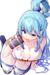 Rule 34 | 1girl, alcohol, aqua (konosuba), artist name, beer, beer mug, blue eyes, blue footwear, blue hair, boots, breasts, commentary request, cup, highres, holding, holding cup, hooters, hot vr, kono subarashii sekai ni shukufuku wo!, large breasts, long hair, looking at viewer, mug, ponytail, shirt, simple background, sitting, solo, tank top, thigh boots, thighhighs, tongue, tongue out, umamusume, very long hair, wariza, watermark, white background, white shirt, white tank top, white thighhighs