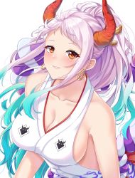 Rule 34 | 1girl, absurdres, aqua hair, bare shoulders, breasts, cleavage, collarbone, curled horns, demon horns, dress, earrings, hair ornament, hair stick, highres, horns, japanese clothes, jewelry, large breasts, long hair, looking at viewer, mistraia, multicolored hair, multicolored horns, no bra, one piece, oni, oni horns, open mouth, orange eyes, orange horns, ponytail, red horns, rope, shimenawa, shirt, sleeveless, sleeveless shirt, solo, very long hair, white background, white hair, yamato (one piece)