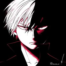 Rule 34 | 1boy, aboude art, artist name, boku no hero academia, closed mouth, collarbone, commentary, english commentary, hair between eyes, high collar, limited palette, looking at viewer, male focus, short hair, signature, solo, spot color, todoroki shouto