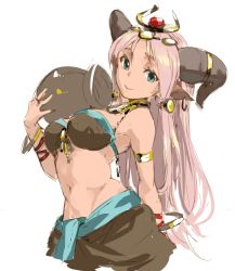 Rule 34 | 1girl, :&gt;, animal ears, arm behind back, armlet, bad id, bad pixiv id, bangle, bare shoulders, blue eyes, bracelet, breasts, channemo, cow ears, cow horns, dark-skinned female, dark skin, earrings, egyptian, hair ornament, hathor (p&amp;d), headpiece, holding, horns, jar, jewelry, light purple hair, long hair, looking at viewer, navel, puzzle &amp; dragons, ring, simple background, smile, solo, white background