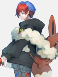 Rule 34 | 1girl, absurdres, backpack, bag, black hoodie, blue hair, brown bag, closed mouth, commentary request, creatures (company), eevee, from side, game freak, gen 1 pokemon, glasses, grey pantyhose, highres, holding, holding poke ball, hood, hood down, hoodie, long sleeves, multicolored hair, nintendo, pantyhose, penny (pokemon), poke ball, poke ball (basic), poke ball print, pokemon, pokemon sv, print pantyhose, red hair, round eyewear, see-through, see-through skirt, short hair, shorts, shorts under skirt, simple background, skirt, two-tone hair, uneri (une une44), white background