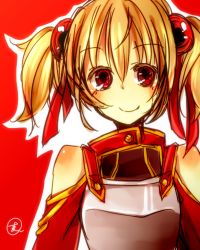 Rule 34 | 10s, 1girl, blonde hair, lowres, mugimaro35, red background, red eyes, silica, smile, solo, sword art online, twintails