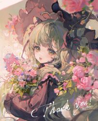 Rule 34 | 1girl, ahoge, black bow, black choker, black hat, black sleeves, blue flower, blurry, blurry foreground, blush, bow, cat, cat girl, choker, commentary, cone hair bun, english text, flower, frilled hat, frills, from side, gothic lolita, green eyes, green hair, hair bow, hair bun, hat, heart, heart ahoge, heart hair, highres, lolita fashion, long sleeves, looking at viewer, maccha (mochancc), open mouth, original, pink flower, sidelocks, smile, solo, symbol-only commentary, upper body, watermark