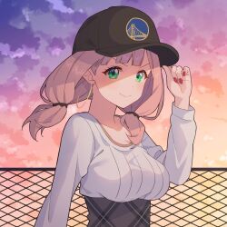 Rule 34 | 1girl, bang dream!, baseball cap, breasts, chain-link fence, cloud, earrings, fence, golden state warriors, green eyes, hat, highres, jewelry, low twintails, medium breasts, medium hair, national basketball association, shirt, sky, solo, sunset, twintails, uehara himari, underbust, v-shaped eyebrows, white shirt, yazawa happyaro