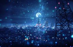 Rule 34 | 1girl, blue theme, building, city, city lights, cityscape, cloud, commentary request, fantasy, from side, full moon, highres, kenzo 093, light particles, long hair, moon, night, night sky, original, outdoors, radio tower, scenery, sky, skyscraper, solo, standing, star (sky), starry sky, tower, very wide shot