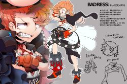 Rule 34 | 1girl, asymmetrical legwear, badress (t.a.k.), baseball bat, character name, character sheet, clothes writing, dress, female focus, grin, hand on own hip, holding, holding baseball bat, mismatched legwear, original, partially colored, smile, solo, t.a.k., translation request