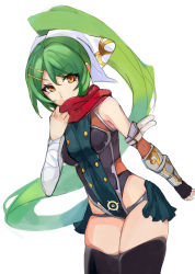 Rule 34 | 0.7 (aysatnegr), 1girl, :&lt;, bad id, bad pixiv id, bandaged arm, bandages, bare shoulders, belt, black thighhighs, breasts, closed mouth, commentary, cowboy shot, fingerless gloves, forehead, frills, gabriel (monster strike), gloves, green hair, hair ornament, hairclip, hand up, high ponytail, highres, looking at viewer, monster strike, ninja, parted bangs, red scarf, scarf, single fingerless glove, solo, taimanin suit, thighhighs, v-shaped eyebrows, yellow eyes