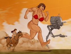 Rule 34 | 1boy, 2girls, abs, artistic error, at-st, bikini, blue eyes, breasts, brown eyes, brown hair, cleavage, giant, giantess, highres, horse, issei (sakito), large breasts, long hair, mature female, mecha, mother and daughter, mother and son, multiple girls, muscular, muscular female, navel, red bikini, robot, running, short hair, spiked hair, star wars, striped bikini, striped clothes, swimsuit, thighs
