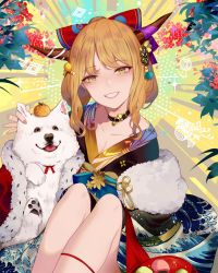 Rule 34 | 1girl, 2018, animal, bare legs, black collar, bow, breasts, cape, cleavage, collar, collarbone, commentary request, dog, flower, fur-trimmed cape, fur trim, hair bow, hair ornament, highres, horn ornament, horn ribbon, horns, ibuki suika, japanese clothes, kimono, looking at viewer, nail polish, new year, parted lips, pink nails, print kimono, red cape, red ribbon, reeh (yukuri130), ribbon, sash, sitting, smile, solo, star (symbol), touhou, wave print, yellow eyes