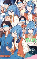 Rule 34 | ..., 1boy, 1girl, absurdres, black hair, blue blindfold, blue eyes, blue hair, blue jacket, blue skirt, blush, can, closed eyes, closed mouth, covered eyes, facial hair, gloves, goatee, hand in pocket, headphones, headphones around neck, highres, holding, holding can, hololive, hoshimachi suisei, jacket, long hair, long sleeves, looking at viewer, multiple views, nitsumaru maruta, orange vest, palms together, parted lips, ponytail, short hair, sidelocks, skirt, spoken character, spoken ellipsis, star (symbol), star in eye, sweater, symbol in eye, twitter username, upper body, vest, virtual youtuber, white gloves, white sweater