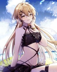 Rule 34 | 1girl, ahoge, bare shoulders, bikini, black bikini, black one-piece swimsuit, blue sky, blush, bracelet, breasts, brown eyes, chest strap, collarbone, cross, cross earrings, earrings, frilled bikini, frilled swimsuit, frills, girls&#039; frontline, hair between eyes, hair ornament, hairpin, hand on own face, hand up, highres, innertube, jewelry, kogarashi kon, lifebuoy, light brown hair, long hair, looking at viewer, medium breasts, official alternate costume, one-piece swimsuit, open mouth, outdoors, parted lips, ppk (foliage romance) (girls&#039; frontline), ppk (girls&#039; frontline), sitting, sky, smile, solo, swim ring, swimsuit, thigh strap, very long hair, water, water drop, x hair ornament