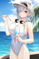 Rule 34 | 1girl, absurdres, animal ears, arknights, aurora (arknights), bare arms, bare shoulders, beach, bear ears, blue eyes, blue sky, breasts, cleavage, cloud, cowboy shot, cup, cupping glass, day, eyewear around neck, groin, hair over one eye, hand up, highres, holding, holding cup, large breasts, long hair, looking at viewer, nameko houshi, ocean, one-piece swimsuit, sky, solo, standing, sunglasses, swimsuit, very long hair, visor cap, water, white hair, white one-piece swimsuit