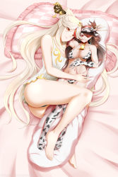 Rule 34 | 1girl, animal print, banned artist, barefoot, bed, bed sheet, bell, bikini, blonde hair, breasts, brown hair, cleavage, closed mouth, commentary, cow print, cowbell, dakimakura (object), english commentary, eyepatch, full body, genshin impact, hair ornament, hair stick, highres, kimmy77, large breasts, long hair, lying, medium breasts, navel, neck bell, nightgown, ningguang (genshin impact), hugging object, on bed, on side, panties, panty peek, pillow, pillow hug, red eyes, sleepwear, solo, swimsuit, underwear, very long hair, white hair