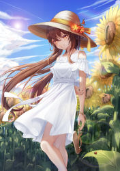 Rule 34 | 1girl, alternate costume, arms behind back, black nails, blue sky, bracelet, breasts, brown hair, bug, cloud, day, dress, flower, frilled dress, frills, genshin impact, hair between eyes, hand on own arm, hat, hat flower, hat ribbon, highres, hu tao (genshin impact), insect, jewelry, ladybug, long hair, looking at viewer, nail polish, outdoors, red eyes, ribbon, sandals, unworn sandals, sky, slime nyang, small breasts, smile, solo, standing, straw hat, sun, sundress, sunflower, symbol-shaped pupils, very long hair, white dress, wind, yellow ribbon