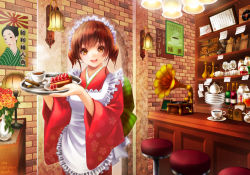 Rule 34 | 1girl, apron, artist name, bad id, bad pixiv id, bar stool, bottle, bouquet, brown eyes, brown hair, cafe, cake, coffee, cup, dated, drinking glass, flower, food, fruit, japanese clothes, kimono, lamp, looking at viewer, maid, maid apron, maid headdress, open mouth, original, phonograph, record, short hair, smile, solo, stool, strawberry, teapot, twintails, vase, wa maid, waitress, wine bottle, wine glass, yuzu 5101